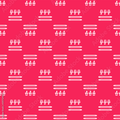 White line Smart farm with light bulb and plant symbol icon isolated seamless pattern on red background. Vector Illustration