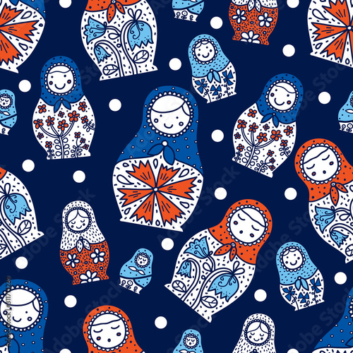 Matryoshka and polka dot. Seamless pattern. Cute babushka.