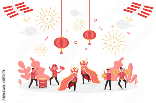 concept of Chinese new year celebration with tiny people character celebrate and play lion dance, flat vector illustration for web, landing page, ui, banner, editorial, mobile app and flyer