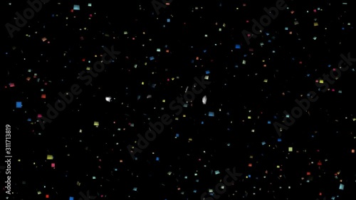 Happy New Year white text animation on colorful confetti falling background.