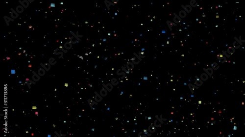 Happy New Year 2020 white text animation on colorful confetti falling background.