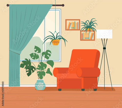 Comfortable chair, bookcase, window and house plants. Vector flat illustration