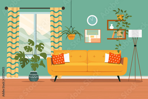 Furniture: sofa, bookcase, window, picture. Living room interior. Flat style vector illustration
