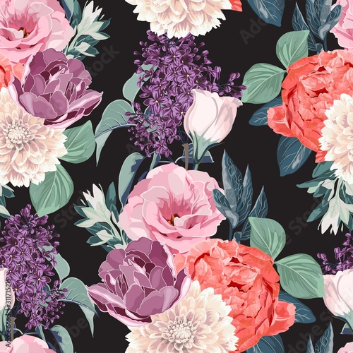 Floral Seamless Pattern with pink eustoma, tulips, anemones, spring flowers and leaves. Spring Blooming Flowers on black Background.