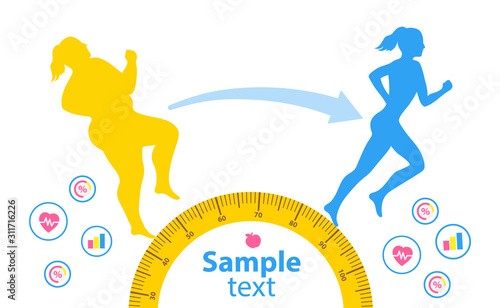 Indoor fitness concept and fitness app isolate. Flat vector illustration of athletic young girl in the sportswear doing exercises on the treadmill. Weight loss. Blank space for your content, template.