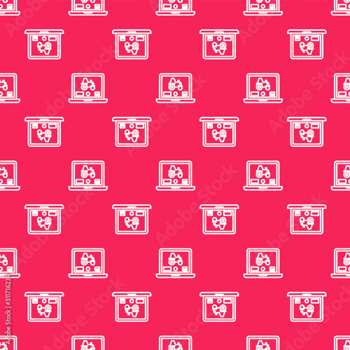 White line Laptop application for control a autonomous tractor on a smart farm icon isolated seamless pattern on red background. Smart agriculture implement. Vector Illustration