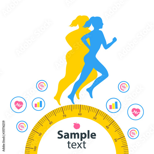 Weight loss. The influence of diet on the weight of the person. Young woman before and after diet and fitness. Weight loss concept. Fat and thin woman. Blank space for your content, template.
