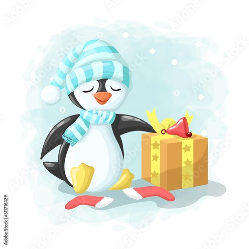 Cartoon Cute Penguin with Gift Box Merry Christmas Illustration Vector