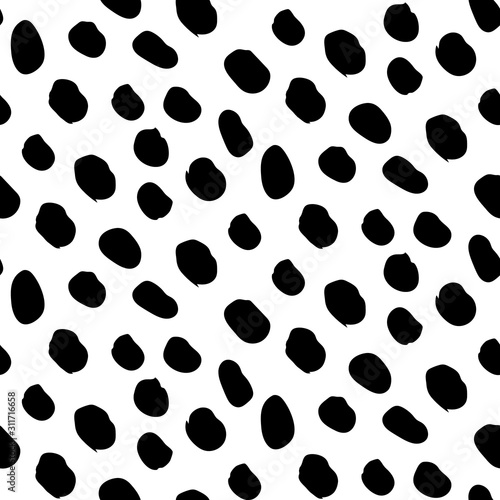 Seamless pattern with blob strokes made by hand with ink and brush. Doodle style. Black particles isolated on white backgorund. Repeatable. Use it for backdrop, wrapping paper, textile design