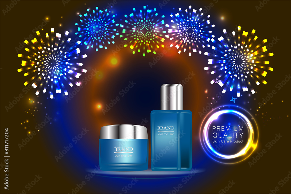 Beauty product ad design, blue cosmetic containers with holiday concept advertising background ready to use, luxury skin care banner, illustration vector. Beauty product ad design, blue cosmetic containers with holiday concept advertising background ready to use, luxury skin care banner, illustration vector.