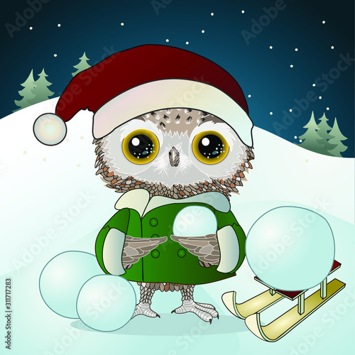 owl boy dressed in a green jacket and red hat of Santa Claus sculpts a snowman on a background of a winter landscape with Christmas trees and sled, vector illustration