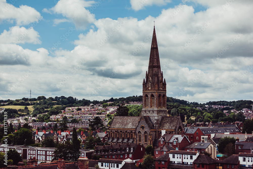 panoramic view of the city with a church steeple in the view in Exeter in the United Kingdom