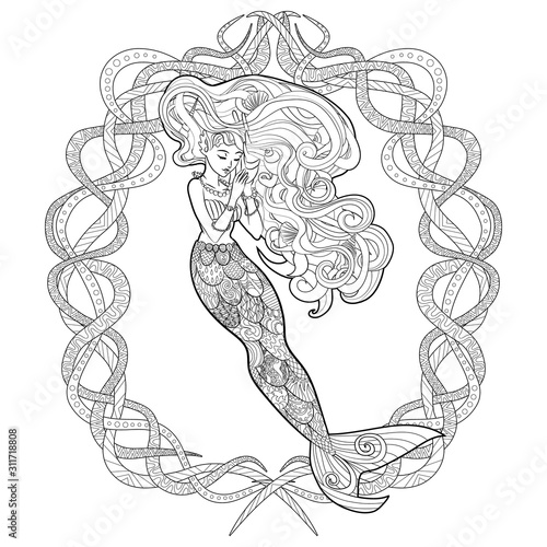 Patterned illustration of a mermaid.