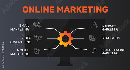 Online Marketing Infographics vector design. Timeline concept include email marketing, video advertising, mobile marketing icons. Can be used for report, presentation, diagram, web design