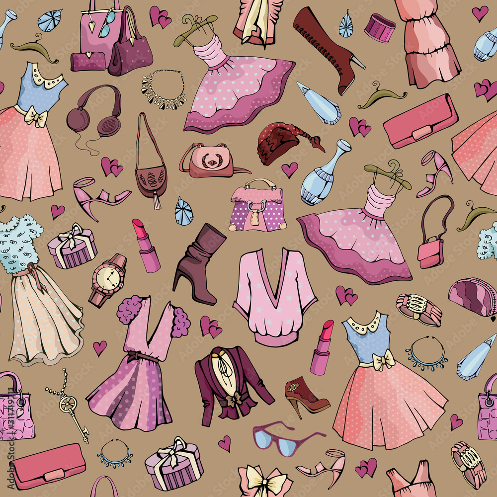 fashion seamless texture beautiful dresses and accessories, shoes for girls on a colored background fashion seamless texture beautiful dresses and accessories, shoes for girls on a colored background