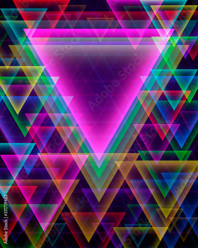 Abstract vector background with multicolor bright neon triangles.