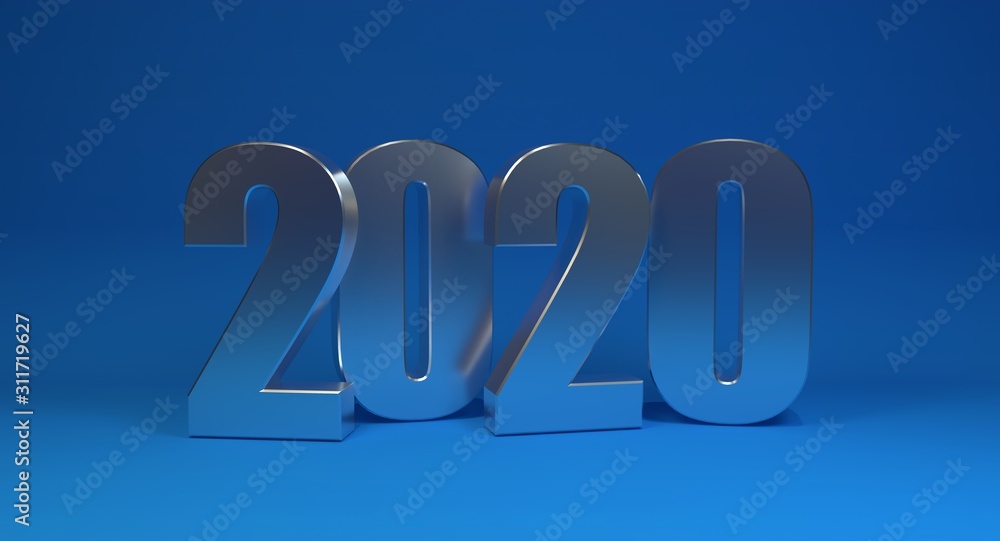 2020 new year metal text on blue background. 3d render 2020 new year metal text on blue background. 3d render
