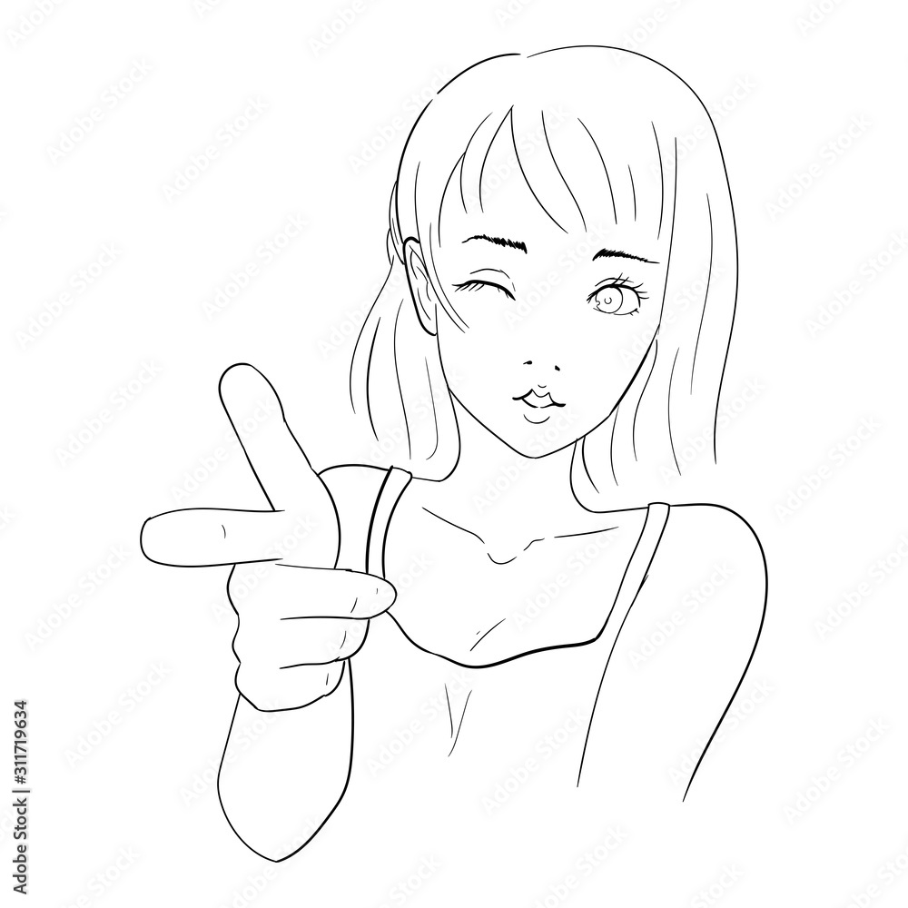 vector illustration of a cute girl with finger gun gesture, line art vector illustration of a cute girl with finger gun gesture, line art