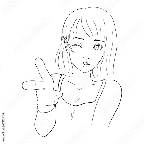 vector illustration of a cute girl with finger gun gesture, line art