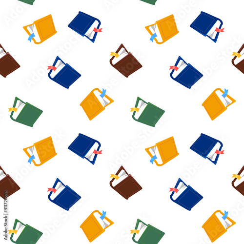 Vector seamless pattern with color open text book with bookmark on white background.