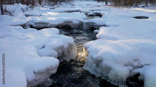 Water flowing in river between snow and ice, captured with drone flying over the snow photo