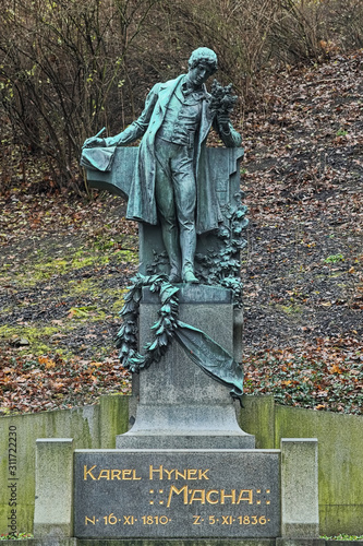 Prague, Czech Republic. Statue of the Czech romantic poet Karel Hynek Macha in Petrin Park. The statue by the Czech sculptor Josef Vaclav Myslbek was erected in 1912. photo