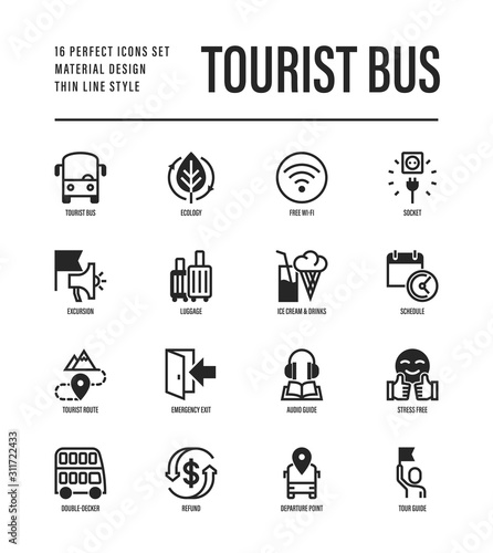 Tourist bus thin line icons set: free wi-fi, schedule, emergency exit, tourist route, departure point, socket, audio guide, luggage, refund, double decker. Vector illustration.