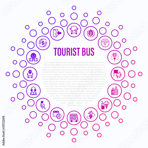 Tourist bus concept in circle shape. Thin line icons: free wi-fi, schedule, emergency exit, tourist route, departure point, socket, audio guide, luggage, refund, double decker. Vector illustration.