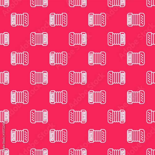 White line Musical instrument accordion icon isolated seamless pattern on red background. Classical bayan, harmonic. Vector Illustration