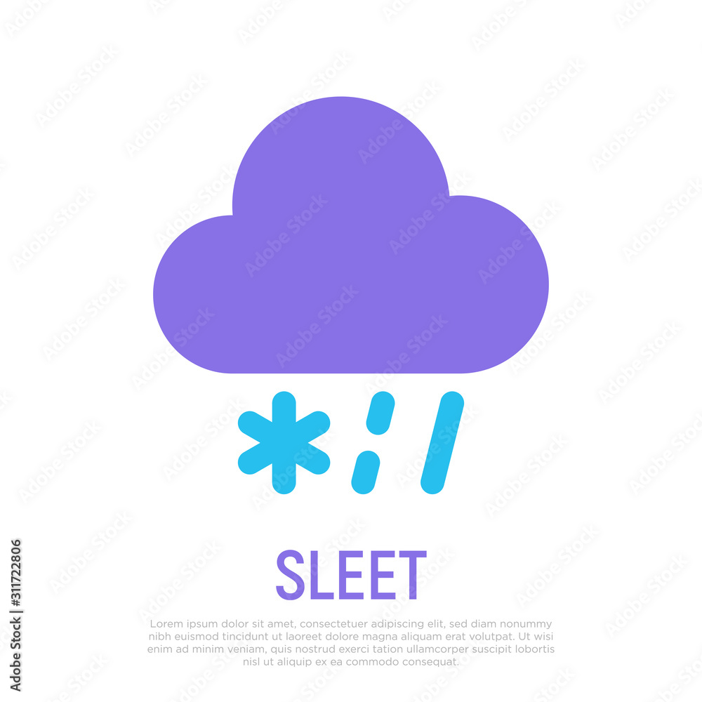 Sleet icon: snowflakes and rain falling from cloud. Weather symbol in flat style. Modern vector illustration. Sleet icon: snowflakes and rain falling from cloud. Weather symbol in flat style. Modern vector illustration.