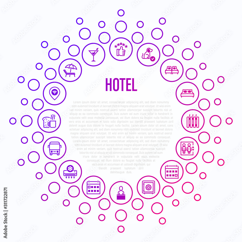 Hotel concept in circle shape. Thin line icons: rating, pet allowed, single bed, double bed, elevator, arrival date, departure date, heating, air conditioner, reception, wi-fi. Vector illustration
