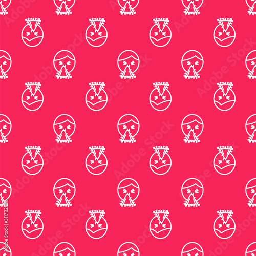 White line Man holding handkerchief or napkin to his runny nose icon isolated seamless pattern on red background. Coryza desease symptoms. Vector Illustration