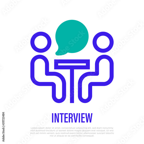 Interview or business meeting symbol. Thin line icon. Two people at desk are speaking. Brainstorming or briefing. Vector illustration.