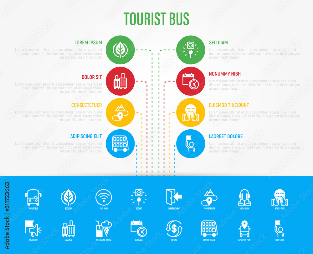 Tourist bus infographic with thin line icons: free wi-fi, schedule, tourist route, departure point, socket, audio guide, luggage, refund, double decker. Template with copy space. Vector illustration.