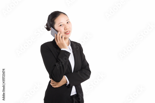 Young Business woman happy speaking mobile phone isolated on white background, model is a asian beauty