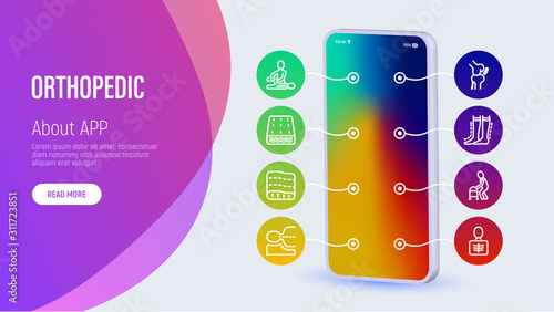 Orthopedic web page template with copy space. Mobile app on smartphone with thin line icons: scoliosis, compression stockings, mattress, pillow, walking stick, bone fracture. Vector illustration.