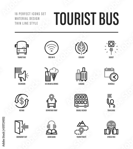 Tourist bus thin line icons set: free wi-fi, schedule, emergency exit, tourist route, departure point, socket, audio guide, luggage, refund, double decker. Vector illustration.
