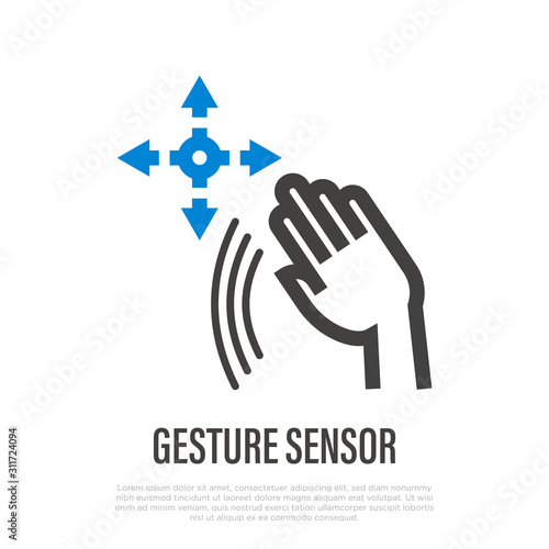Hand gesture sensor. Recognition and hand tracking of virtual reality. Thin line icon. Vector illustration.