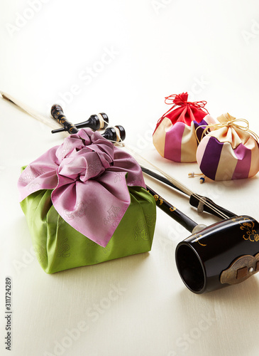 Korean traditional gifts and Haegeum. Haegeum is a Korean traditional musical instrument. photo