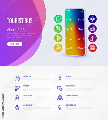 Tourist bus web page template with copy space. Mobile app on smartphone with thin line icons: free wi-fi, schedule, luggage, socket, audio guide, refund, double decker. Vector illustration.