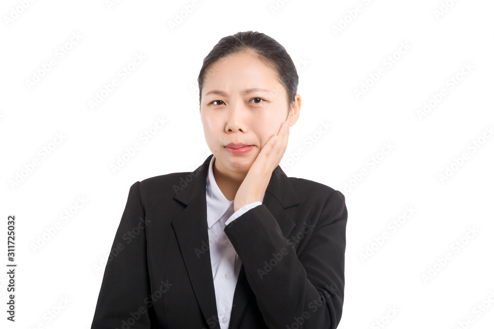 Asian business woman with open hand. Asian business woman with open hand.