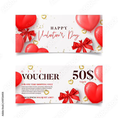 Gift vouchers for Valentine's Day. Vector illustration with realistic pink and red balloons, gift boxes, gold heart and confetti on white background. Discount coupon usable for invitations or tickets.