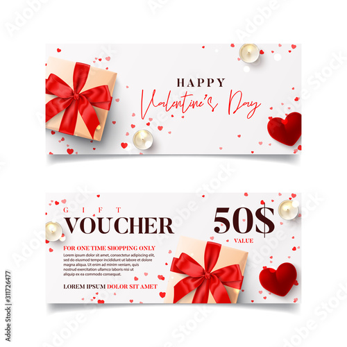 Gift voucher for Valentine's Day. Vector illustration with realistic gift box, ring box, candles and confetti on white background. Discount coupon usable for invitations or tickets.