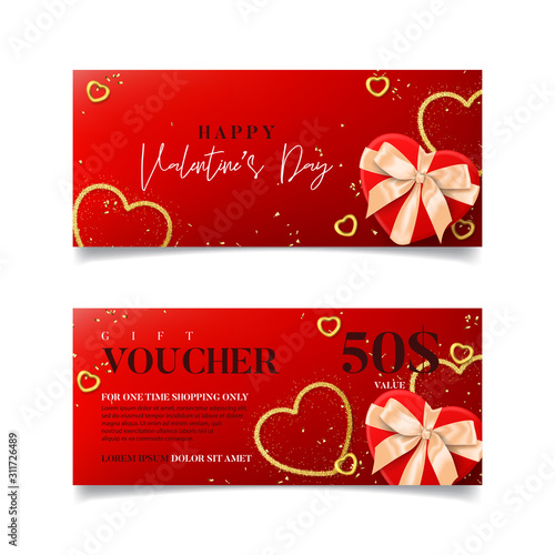 Gift voucher templates for Valentine's Day. Vector illustration with realistic gift box, gold hearts and confetti on red background. Discount coupon usable for invitations or tickets.