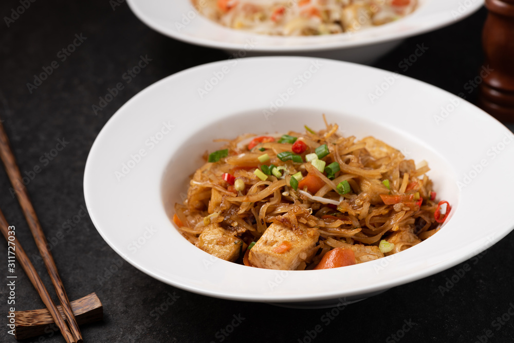 Asia noodle with vegetable food background