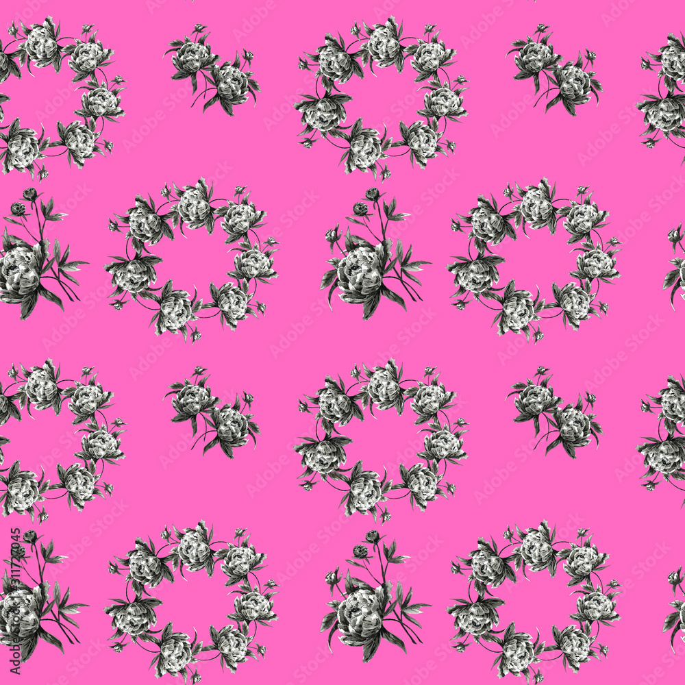 A seamless pattern of black and white peonies on a colored background