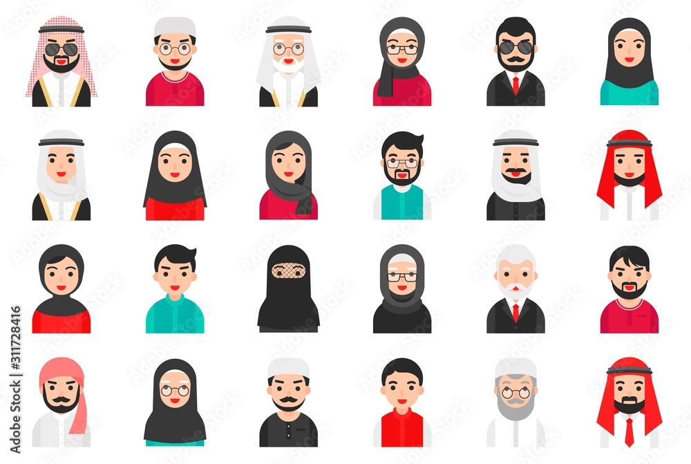 Muslim avatar vector icon set, flat style Muslim avatar vector icon set, flat style