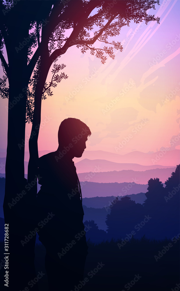 Natural forest trees mountains horizon hills silhouettes of trees and hills in the evening Sunrise and sunset Landscape wallpaper Illustration vector style Colorful view background Men standing Natural forest trees mountains horizon hills silhouettes of trees and hills in the evening Sunrise and sunset Landscape wallpaper Illustration vector style Colorful view background Men standing