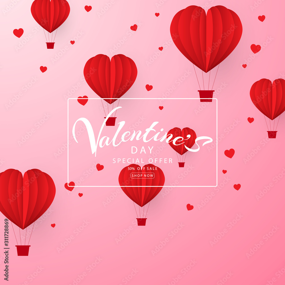 The Valentine's Day paper craft design consists of hearts and clouds on a soft pink background.