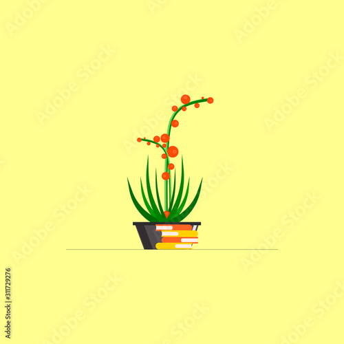 Potted flower and books. Flat painting. Vector illustration